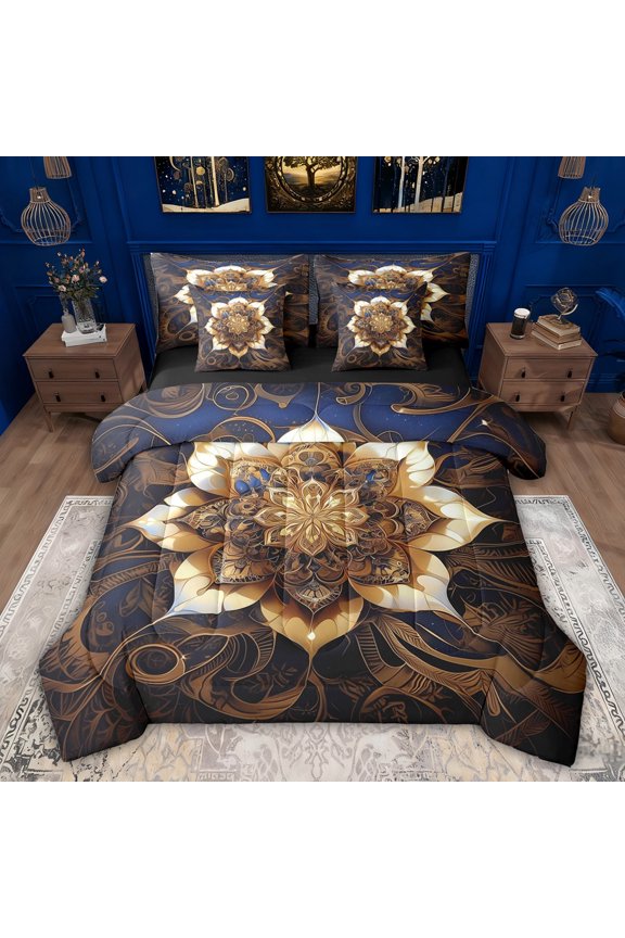 Mandala Lotus Flower Bedding Comforter Set 7pcs, Western Bohemian Damask King Bedding Sets, Teens Adult Girls Women Reversible Bed Sheets, Ultra Soft Bedroom Decor