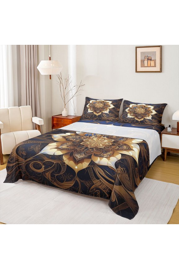Mandala Lotus Flower Full Size Sheets, Western Bohemian Damask Bed Sheets, Teens Adult Girls Women Sheet Sets, Ultra Soft Bedroom Decor, 4pcs