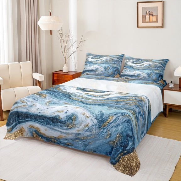 Feelyou Marble Abstract Bed Sheets, Grey Blue Stripes Ombre King Sheets, Marbling Artwork Sheet Set, Ultra Soft Home Decor, 4-Piece