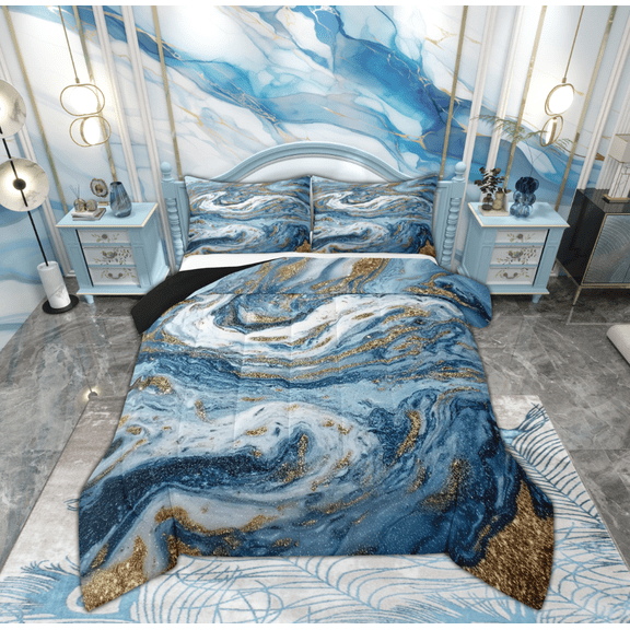 Feelyou Marble Abstract Bedding Comforter Set, Grey Blue Stripes Ombre Twin Comforter Sets, Marbling Artwork Reversible Bedding Set, Ultra Soft Home Decor, 2-Piece