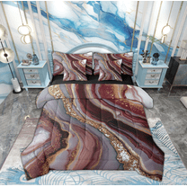 Feelyou Marble Abstract Twin Bedding Sets 7-Piece, Red Gold Stripes Ombre Bedding Comforter Set, Marbling Artwork Reversible Sheet Sets, Breathable Home Decor