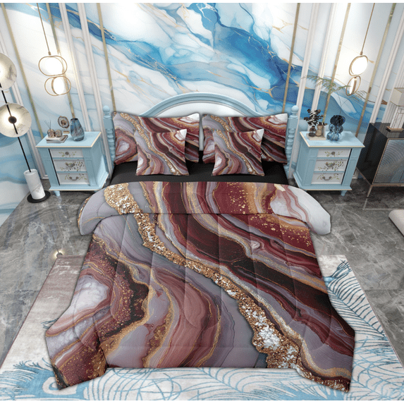 Feelyou Marble Abstract Twin Bedding Sets 7-Piece, Red Gold Stripes Ombre Bedding Comforter Set, Marbling Artwork Reversible Sheet Sets, Breathable Home Decor