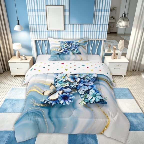 Feelyou Marble Floral Letter R Twin Comforter Sets for Girls, Fashion Blue Flower Butterfly 02, Polkadot Reversible, 2 Pieces, 1 Comforter and 1 Pillowcase