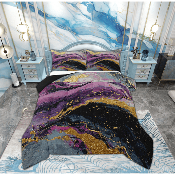 Feelyou Marble Ombre Bedding Comforter Set for Adult, Purple Grey Stripes Twin Comforter Sets, Watercolor Artwork Reversible Bedding Set, Luxury Bedroom Decor, 2pcs