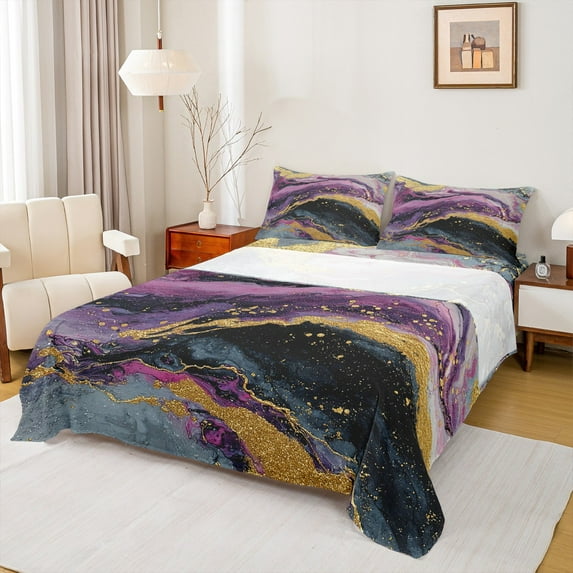 Feelyou Marble Ombre Full Size Sheets for Adult, Purple Grey Stripes Bed Sheets, Watercolor Artwork Sheet Sets, Luxury Bedroom Decor, 4pcs