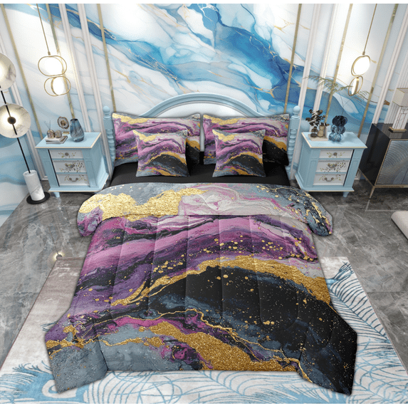 Feelyou Marble Ombre Twin Bedding Sets 7-Piece for Adult, Purple Grey Stripes Bedding Comforter Set, Watercolor Artwork Reversible Sheet Sets, Luxury Bedroom Decor