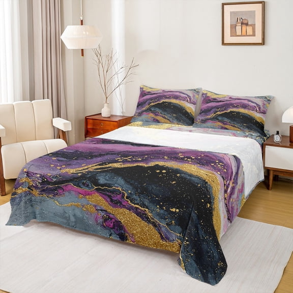 Feelyou Marble Ombre Twin Sheet Sets for Adult, Purple Grey Stripes Twin Fitted Sheet, Watercolor Artwork Flat Sheet, Luxury Bedroom Decor, 3pcs
