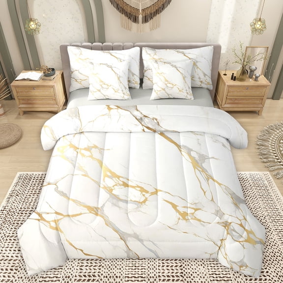 Feelyou Marble Ombre Women Bedding Comforter Set 7pcs, Modern Abstract Stripe King Bedding Sets, Fashion White Gold Reversible Bed Sheets, Luxury Bedroom Decor