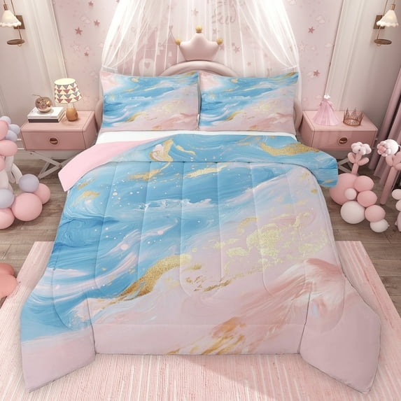 Feelyou Marble Ombre Women Full Size Comforter Sets, Fashion Abstract Stripe Bedding Comforter Set, Blue Pink Oil Printing Reversible Bedding Sets, Lightweight Room Decor, 3 Pieces