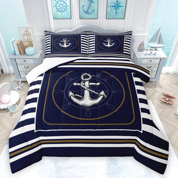 Feelyou Marine Nautical Sailboat Full Size Comforter Sets, Navy Abstract Lines Bedding Comforter Set, Teen Kid Boy Girl Bedding Sets, Super Cozy Room Decor, 3pcs
