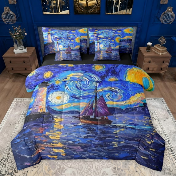 Feelyou Marine Oil Printing Bedding Comforter Set 7 Pieces for Teen, Psychedelic Starry Sky Full Bedding Set, Ocean Nautical Theme Reversible Fitted Sheet Flat Sheet, Breathable Home Decor