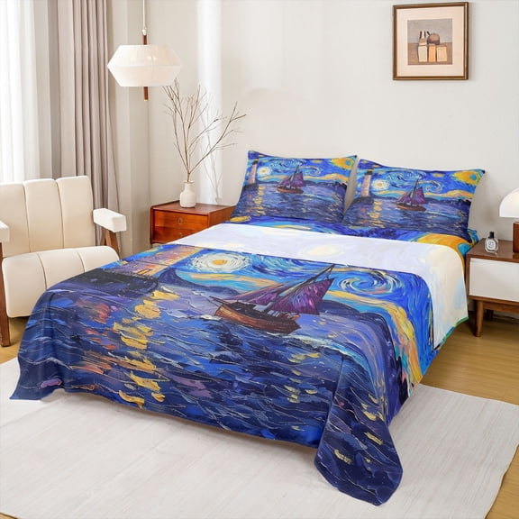 Feelyou Marine Oil Printing Full Size Sheets for Teen, Psychedelic Starry Sky Bed Sheets, Ocean Nautical Theme Sheet Sets, Breathable Home Decor, 4pcs