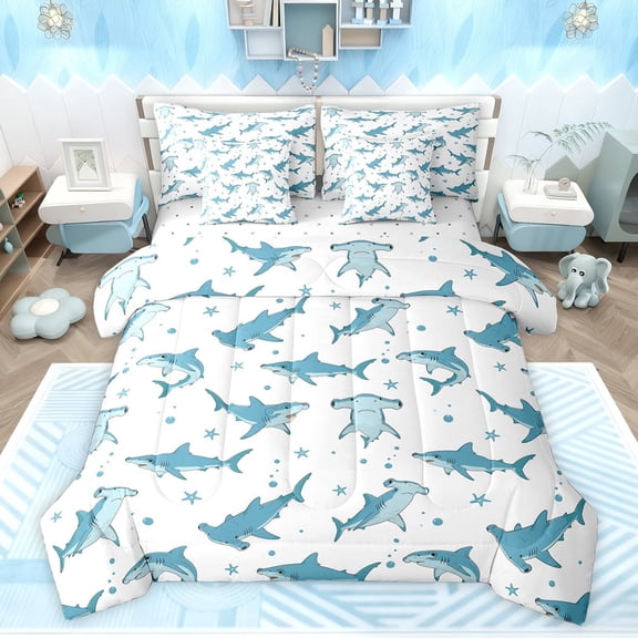 Feelyou Marine Shark Animal Bedding Comforter Set 7pcs, Cartoon Stars King Bedding Sets