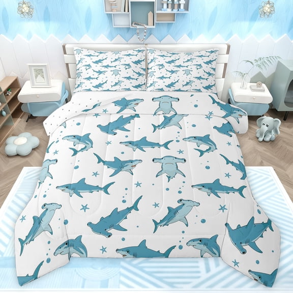 Feelyou Marine Shark Animal Queen Comforter Set, Stars Kid Bedding Comforter Set, 3pcs