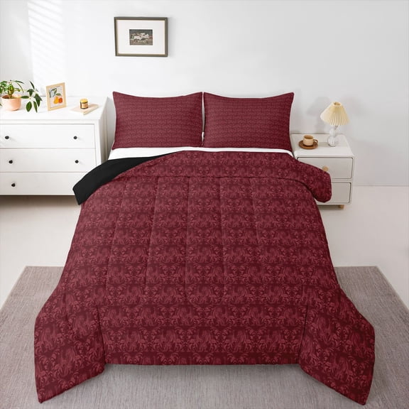 Feelyou Maroon Boho Dragon Queen Comforter Set, Retro Western Damask Bedding Set, 3pcs