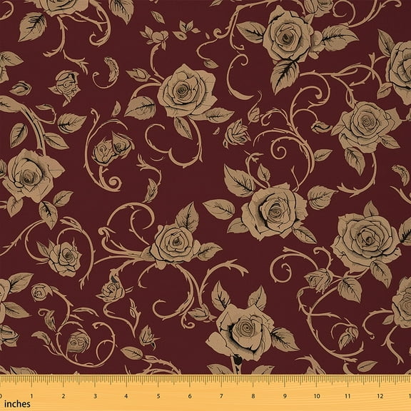 Feelyou Maroon Gold Rose Fabric by the Yard 1 Yard, Romantic Floral Sewing Fabric, Vintage Boho Southwestern Home Decor Fabric by the Yard, Ultra Soft Home Decor