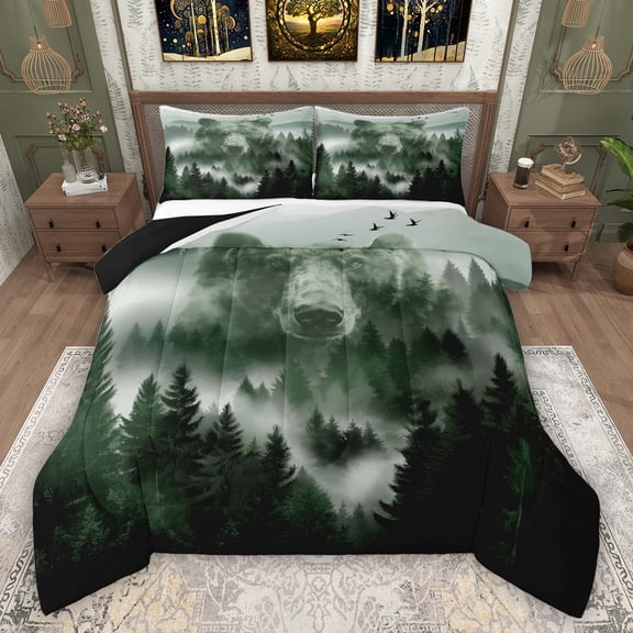 Feelyou Men Bear Animal Queen Comforter Set, Countryside Pine Tree Bedding Set, 3pcs