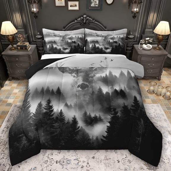 Feelyou Men Moose Animal Full Size Comforter Sets, Pine Tree Botanical Bedding Sets, 3pcs