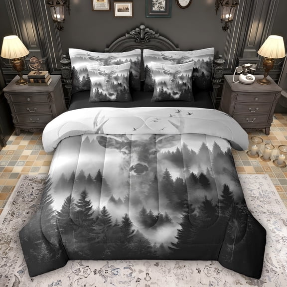 Feelyou Men Moose Animal Twin Bedding Sets 7pcs, Pine Tree Botanical Bedding Comforter Set