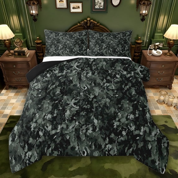 Feelyou Men Rustic Camo Full Size Comforter Sets, Green Abstract Bedding Sets, 3pcs