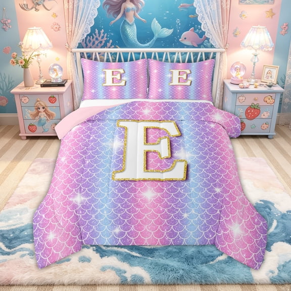 Feelyou Mermaid Letter E Queen Comforter Set for Kids Girls, Glitter Scale Print Bedding Comforter Set, Iridescent, Pink Reversible, 3pcs