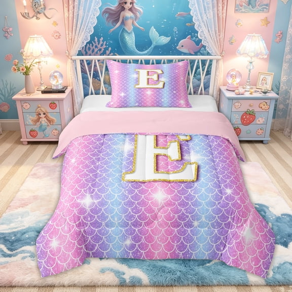 Feelyou Mermaid Letter E Twin Comforter Sets for Kids Girls, Glitter Scale Print Bedding Set, Iridescent, Pink Reversible, 2pcs