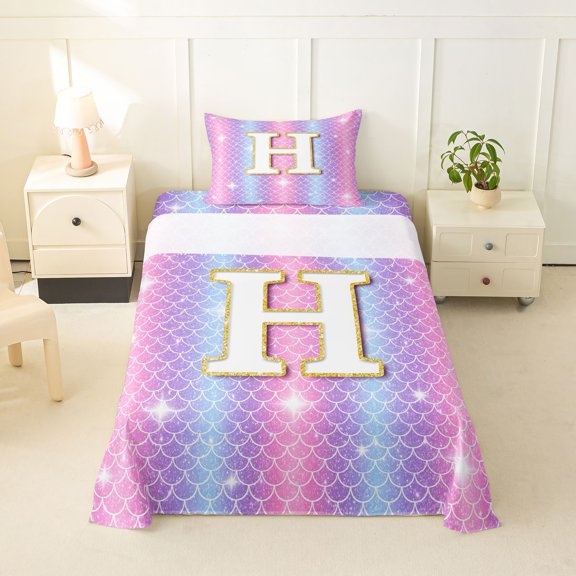 Feelyou Mermaid Letter H Twin Sheet Sets for Girls, Glitter Scale Print Bedding for Bedroom, Iridescent, 3 Pieces