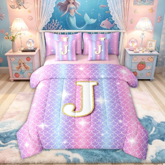 Feelyou Mermaid Letter J Bedding Comforter Set for Kids Girls, Glitter Scale Print Full Bedding Set, Iridescent, Pink Reversible, 7pcs