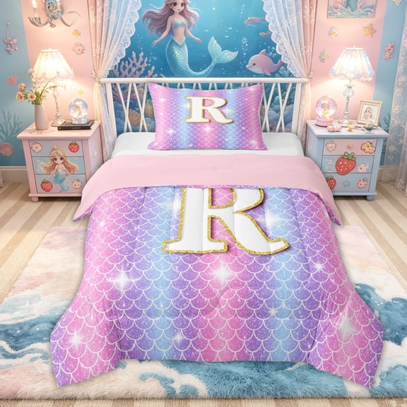 Feelyou Mermaid Letter R Twin Comforter Sets for Kids Girls, Glitter Scale Print Bedding Set, Iridescent, Pink Reversible, 2pcs