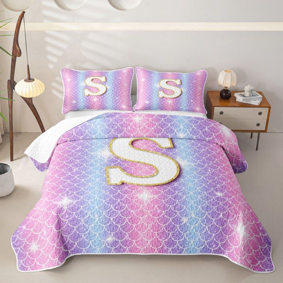Feelyou Mermaid Letter S Bed Spread Queen for Girls, Glitter Scale Print Queen Coverlet Set, Iridescent, 3-Piece