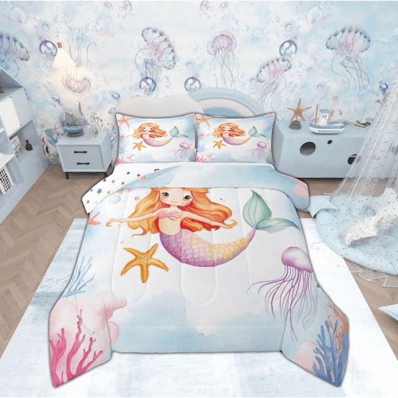 Feelyou Mermaid Princess Girls Full Size Comforter Sets, Jellyfish Starfish Bedding Comforter Set, Kawaii Ocean Sealife Reversible Bedding Sets, Lightweight Room Decor, 3pcs
