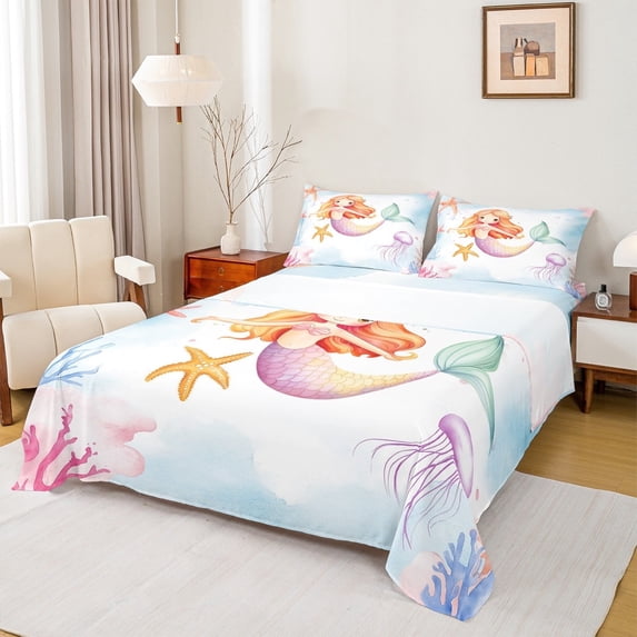 Feelyou Mermaid Princess Girls Full Size Sheets, Jellyfish Starfish Bed Sheets, Kawaii Ocean Sealife Sheet Sets, Lightweight Room Decor, 4pcs