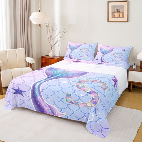 Feelyou Mermaid Princess Scale Bed Sheets for Girls, Sparkle Initial S King Sheets for Kids, Purple Blue, 4pcs