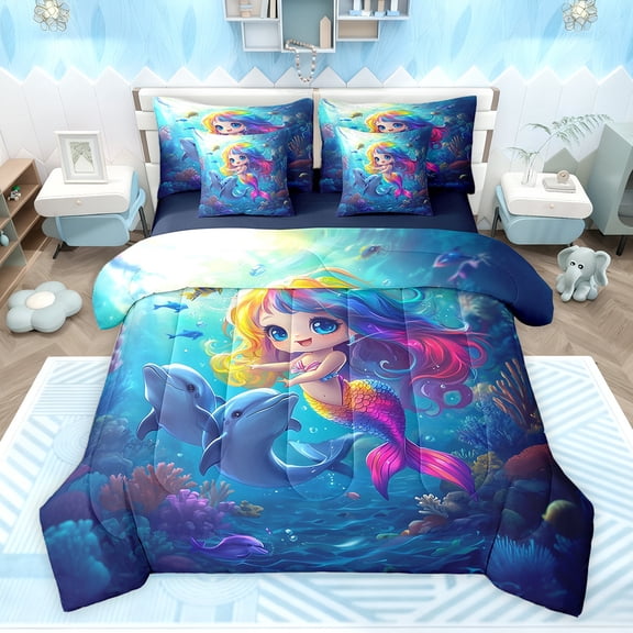 Feelyou Mermaid Princess Teens Bedding Comforter Set 7pcs, Kawaii Ocean Dolphin King Bedding Sets, Dreamy Marine Fairy Tale Reversible Bed Sheets, Super Cozy Room Decor