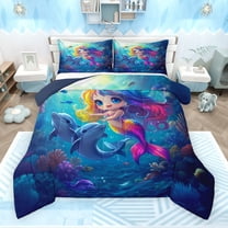 Feelyou Mermaid Princess Teens Bedding Comforter Set, Kawaii Ocean Dolphin Twin Comforter Sets, Dreamy Marine Fairy Tale Reversible Bedding Set, Super Cozy Room Decor, 2 Pieces