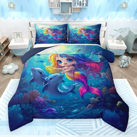 Feelyou Mermaid Princess Teens Full Size Comforter Sets, Kawaii Ocean Dolphin Bedding Comforter Set, Dreamy Marine Fairy Tale Reversible Bedding Sets, Super Cozy Room Decor, 3 Pieces