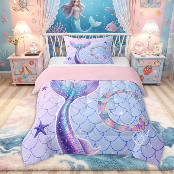 Feelyou Mermaid Scale C Initial Twin Comforter Sets for Girls, Ocean Starfish Bedding Set, Purple Blue, Pink Reversible, 2-Piece
