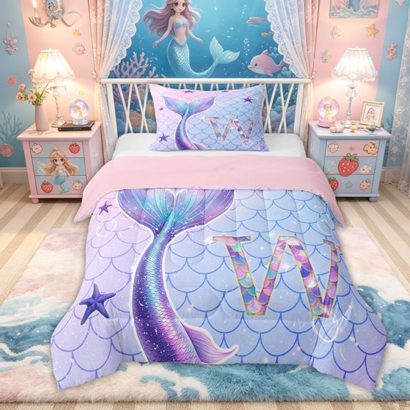 Feelyou Mermaid Scale Letter W Twin Comforter Sets for Girls, Sparkle Initial Bedding Set for Kids, Purple Blue, Pink Reversible, 2 Pieces