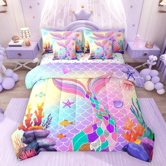 Feelyou Mermaid Tale Bedding Comforter Set 7pcs, Kawaii Ocean Princess Full Bedding Set