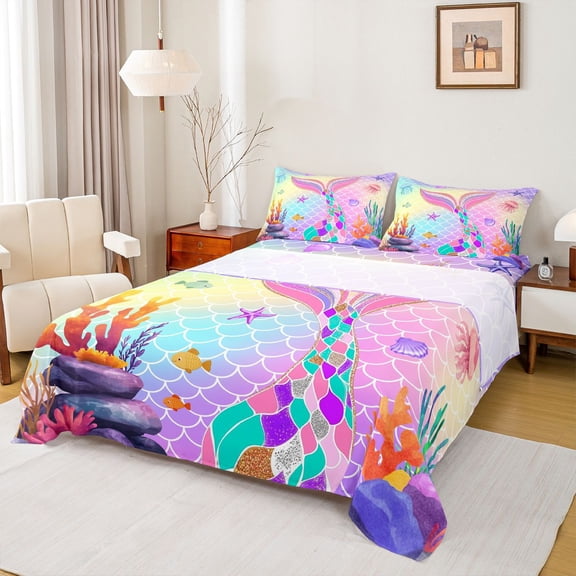Feelyou Mermaid Tale Kids Full Size Sheets, Kawaii Ocean Princess Bed Sheets, 4-Piece