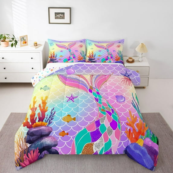 Feelyou Mermaid Tale Kids Twin Comforter Sets, Kawaii Ocean Princess Bedding Set, 2-Piece