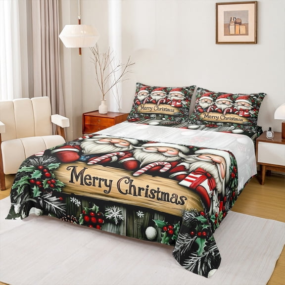 Feelyou Merry Christmas Bed Sheets, Kawaii Red Gnome King Sheets, Rustic Farmhouse Cabin Sheet Set, Breathable Home Decor,4 Pieces