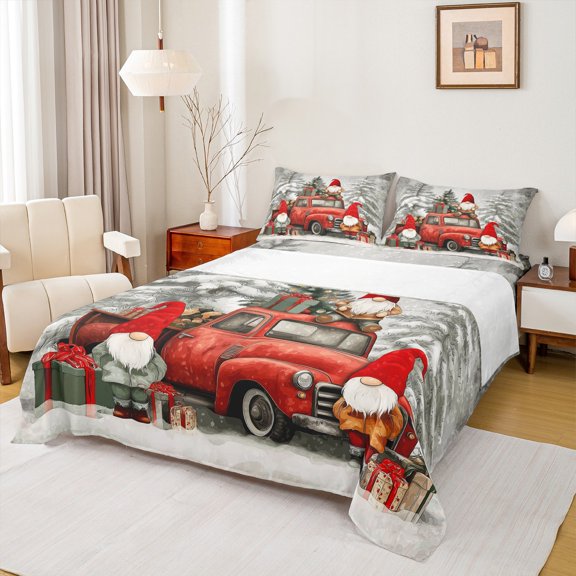 Feelyou Merry Christmas Bed Sheets, Kawaii Red Gnome King Sheets, Rustic Farmhouse Truck Sheet Set, Lightweight Room Decor, 4 Pieces