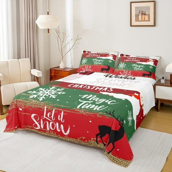 Feelyou Merry Christmas Bed Sheets for Kids, Magic Time King Sheets, Rustic Raindeer Print Sheet Set, Breathable Home Decor, 4 Pieces