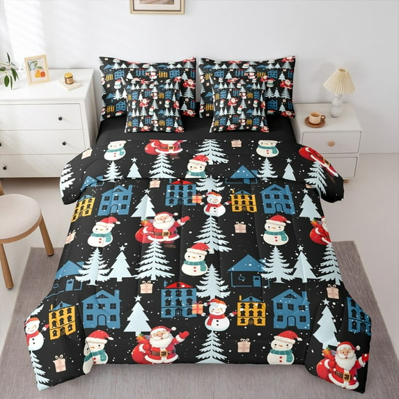 Feelyou Merry Christmas Child Bedding Comforter Set 7-Piece, Magic Santa Claus King Bedding Sets, Xams Tree Lodge Cabin Reversible Bed Sheets, Breathable Home Decor
