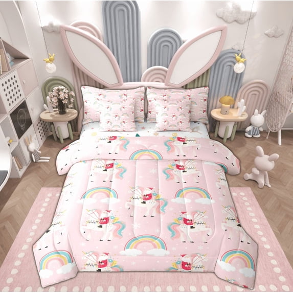 Feelyou Merry Christmas Child Bedding Comforter Set 7 Pieces, Magic Santa Claus Full Bedding Set, Fairy Tale Rainbow Reversible Fitted Sheet Flat Sheet, Ultra Soft Home Decor