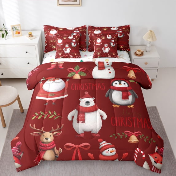 Feelyou Merry Christmas Child Bedding Comforter Set 7pcs, Reindeer Polar Bear Queen Bedding Sets, Kawaii Santa Claus Reversible Queen Sheet Sets, Microfiber Bedroom Decor