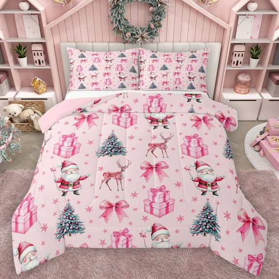 Feelyou Merry Christmas Child Bedding Comforter Set, Pink Princess Bowknot Twin Comforter Sets, Reindeer Santa Claus Reversible Bedding Set, Super Cozy Room Decor, 2 Pieces