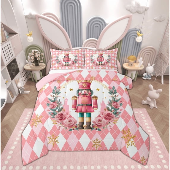 Feelyou Merry Christmas Child Full Size Comforter Sets, Cartoon Fairy Tale Bedding Comforter Set, Pink Plaid Buffalo Reversible Bedding Sets, Luxury Bedroom Decor, 3pcs