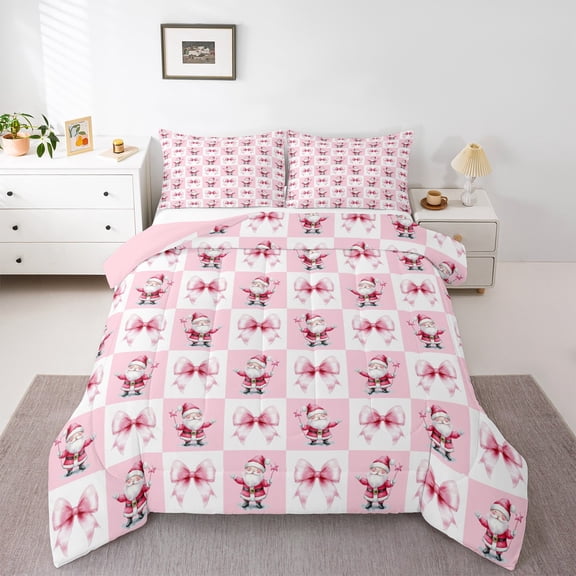 Feelyou Merry Christmas Child Full Size Comforter Sets, Kawaii Santa Claus Bedding Comforter Set, Pink Plaid Buffalo Reversible Bedding Sets, Microfiber Bedroom Decor, 3pcs